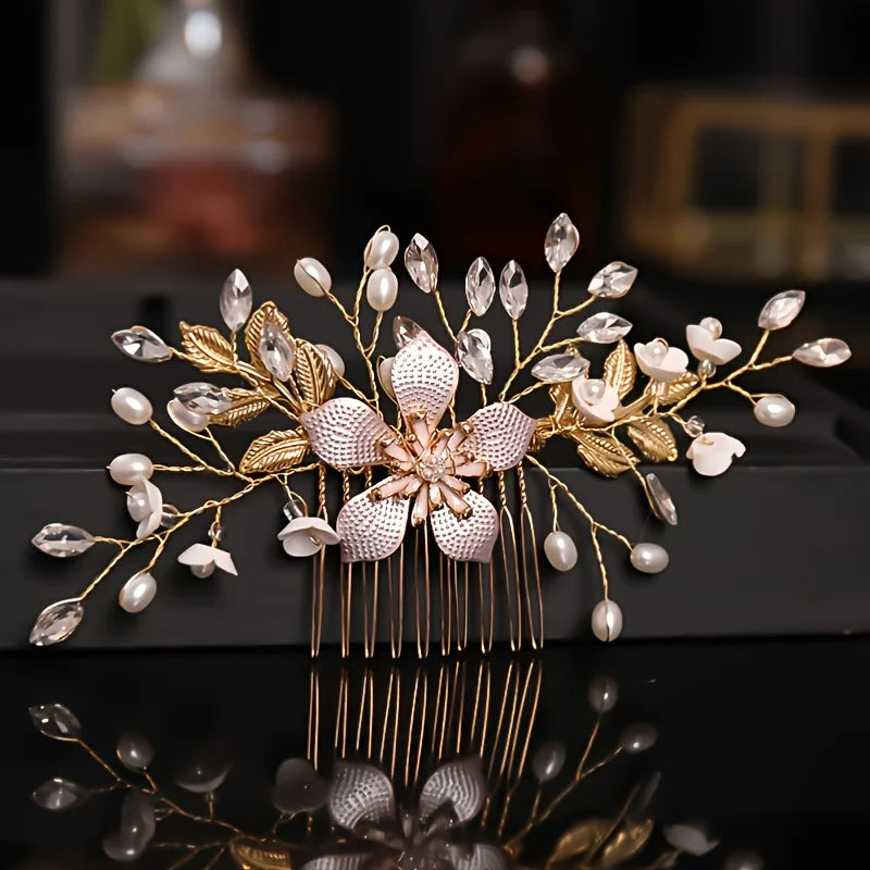 Crystal Flower Leaf Pearl Hair Comb Pin Band Headband For Women  Party Wedding Bridal Hair Accessories Jewelry