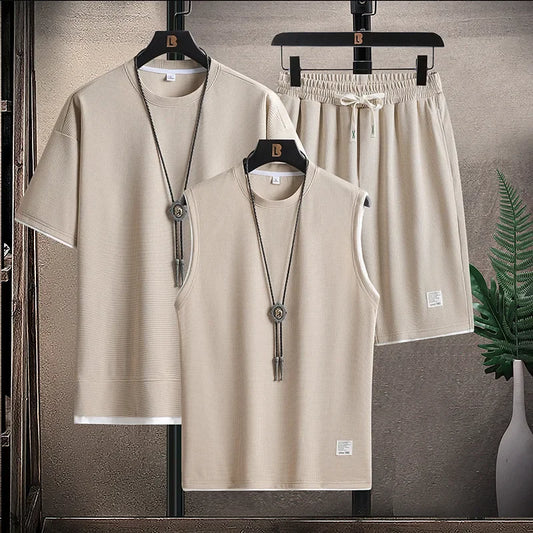 Waffle Pattern 3 Piece Men Short Sleeve Shorts Set  Fashion Loose Sweatsuits Summer Tracksuit Men Fashion Clothing