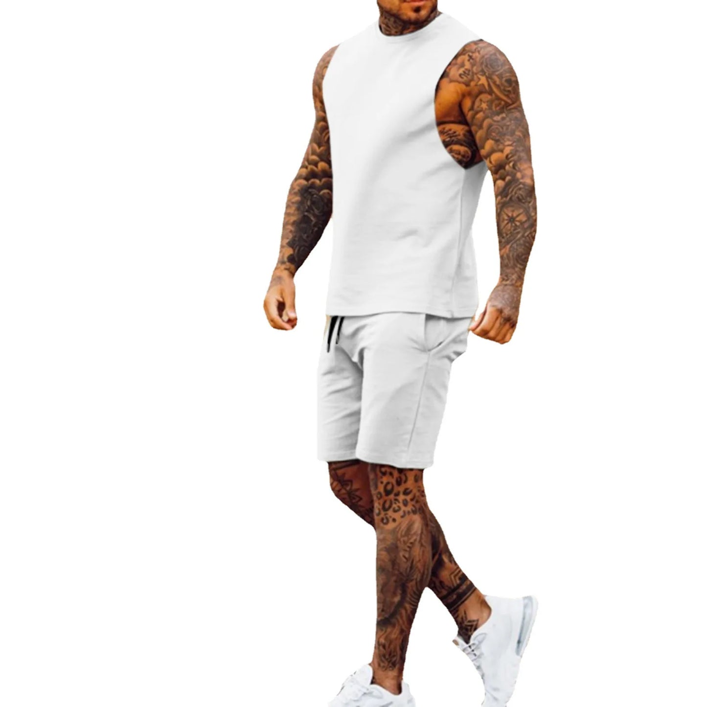Sportswear Men's Casual Thin Five Quarter Pants Sleeveless Top Solid Color Camelback Shorts Two-piece Set
