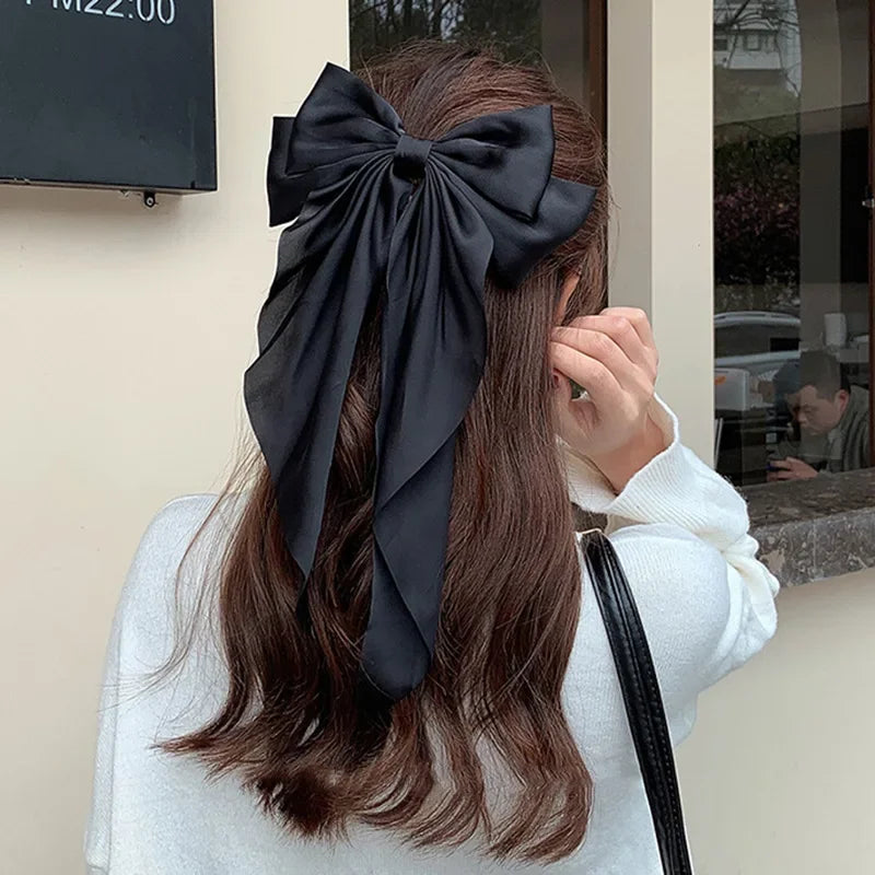 Hair Clips for Women  Big Bowknot Solid Satin Long Ribbon Bows Spring Clamp Barrette