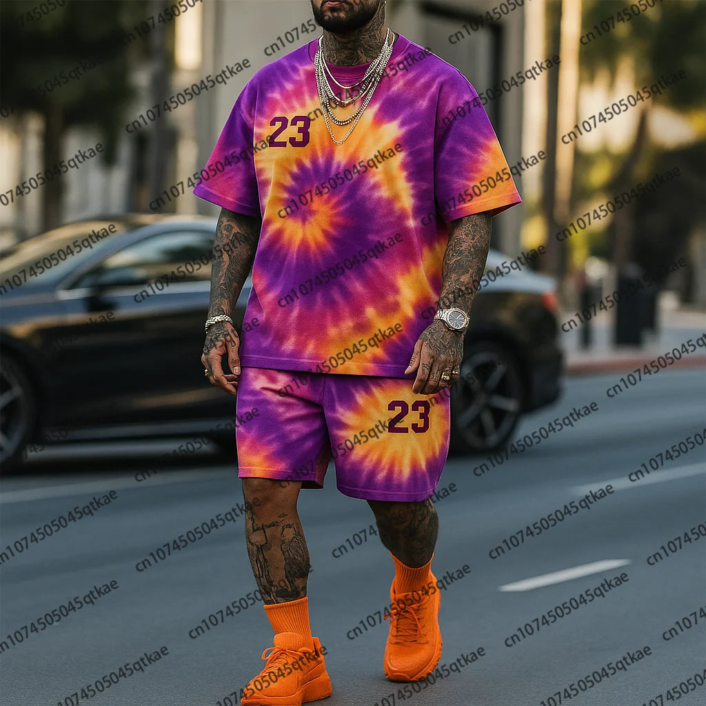 Fashion Tie Dye Basketball No.23 Print Oversized Streetwear Short-Sleeve T-shirt And Shorts Set Summer Breathable Casual 2 Piece