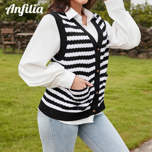 Women Knit Sweater Vest Striped Sleeveless V Neck Loose Fitting Fashion Colorblock Button Up