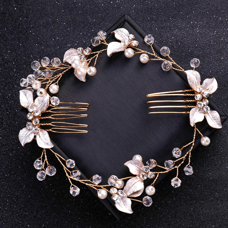 Gold Color Crystal Pearl Hair Comb Headband For Women Bride Party Bridal Wedding Hair Accessories Jewelry Comb Headband