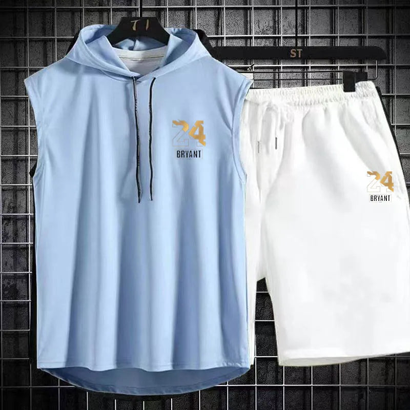 Men's Two Piece Set Casual Sleeveless T-Shirt and Shorts Set Men's Sports Suit Fashion Short Sleeve Tracksuit Hooded T-shirt suit