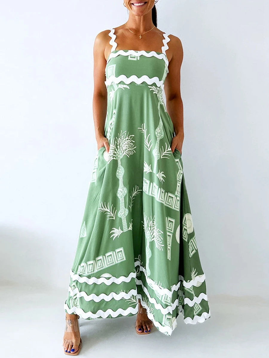 Floral Print Spaghetti Strap Maxi Dress with Side Slits and Adjustable Waist Tie