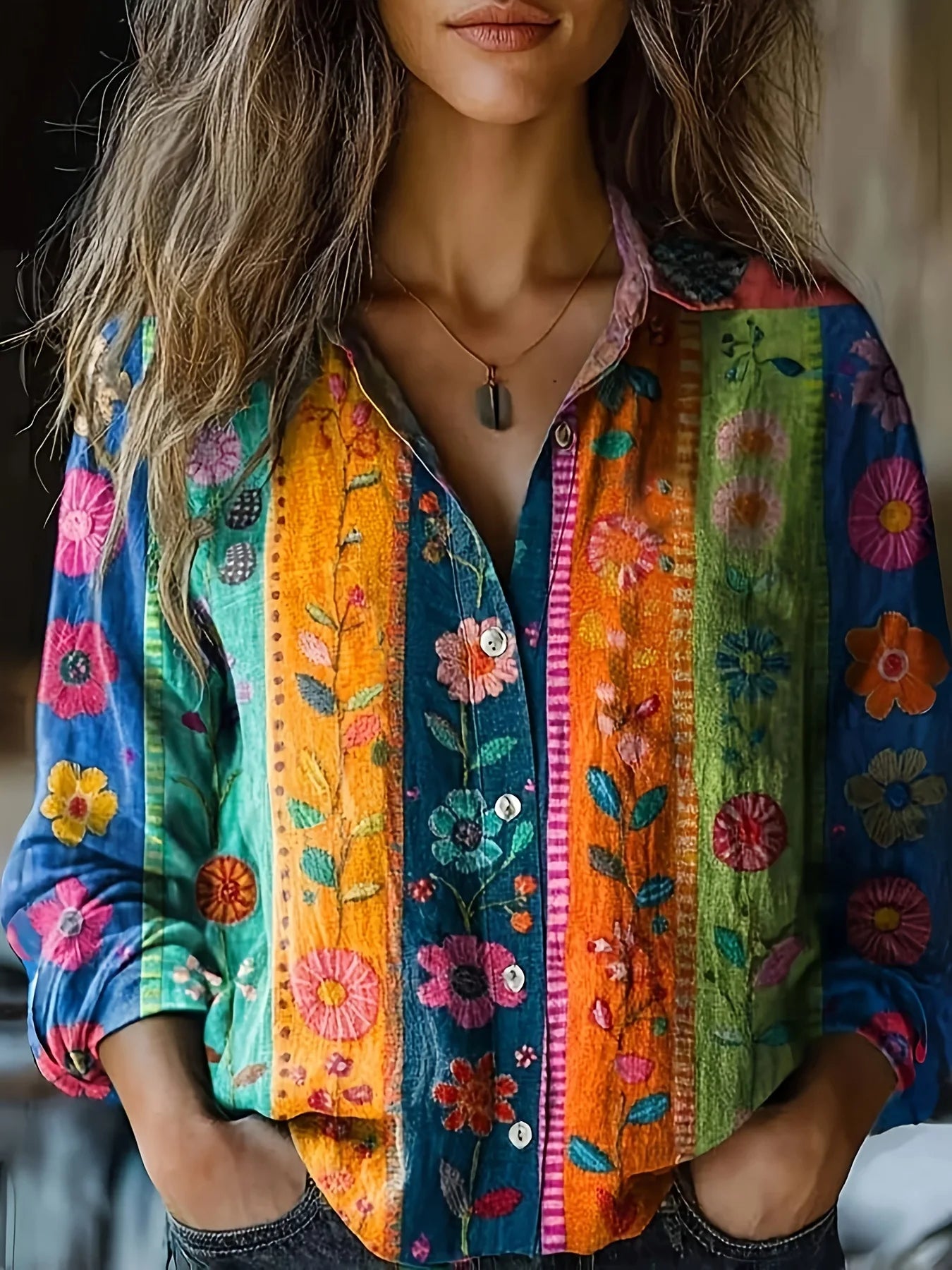 European Style  Women Long Sleeve Basic Shirts New Casual Beach Tops Blouse Ladies Bohemian Flower Print shirt