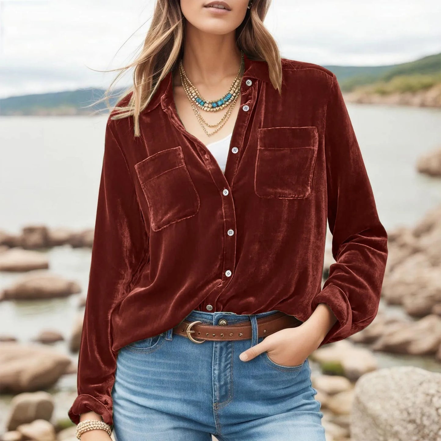 Elegant Velvet Shirt Women V Neck Long Sleeve Loose Fitting Temperament Blouse Tops Casual Versatile Shirts
