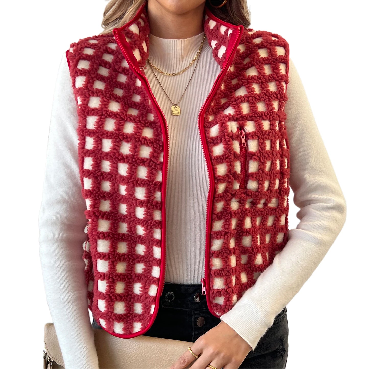 Faux Fur Vest Sleeveless Stand Collar Zip Up Vest Jacket with Pockets