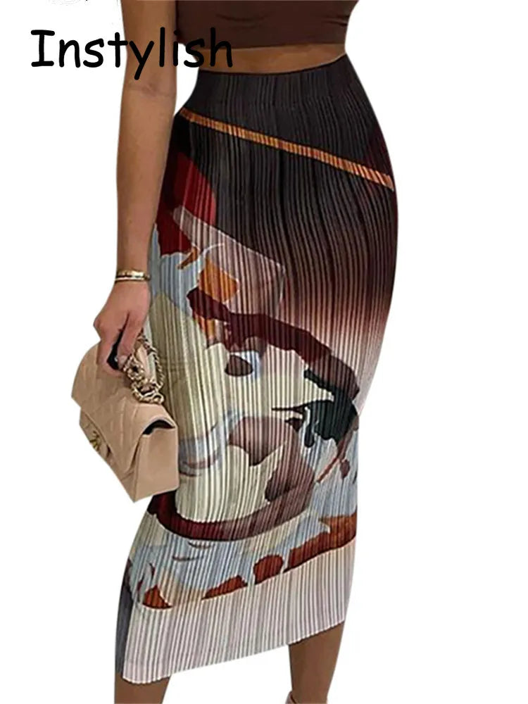 Vintage Art Print Ribbed Midi Skirt
