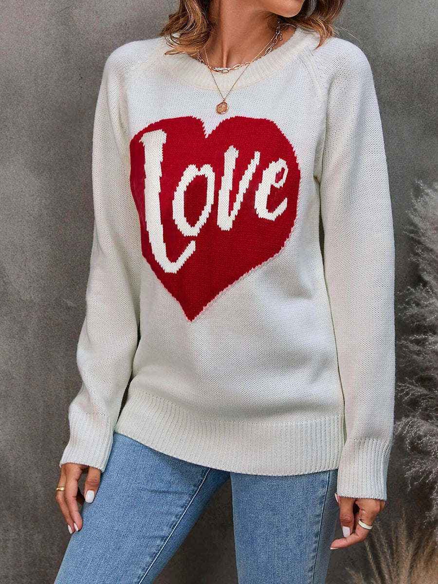 Women s Valentine s Day Heart Patterned Knit Pullover Sweater with Round Neck and Long Sleeves Cozy Loose Fit Casual
