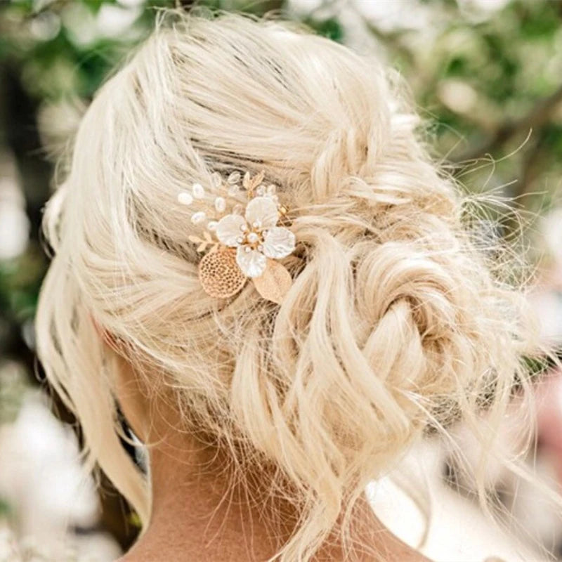 Gold Or Silver Pearl Flower Leaf Crystal Hair Comb Pin Band  For Women Wedding Bridal Hair Accessories Jewelry Comb Gift