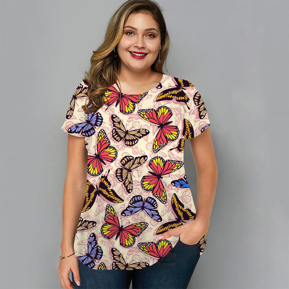 Women's T-Shirts Spring Clothing Floral Graphic O-Neck Pullovers Short Sleeve Tops Streetwear Oversized Apparel Ladies
