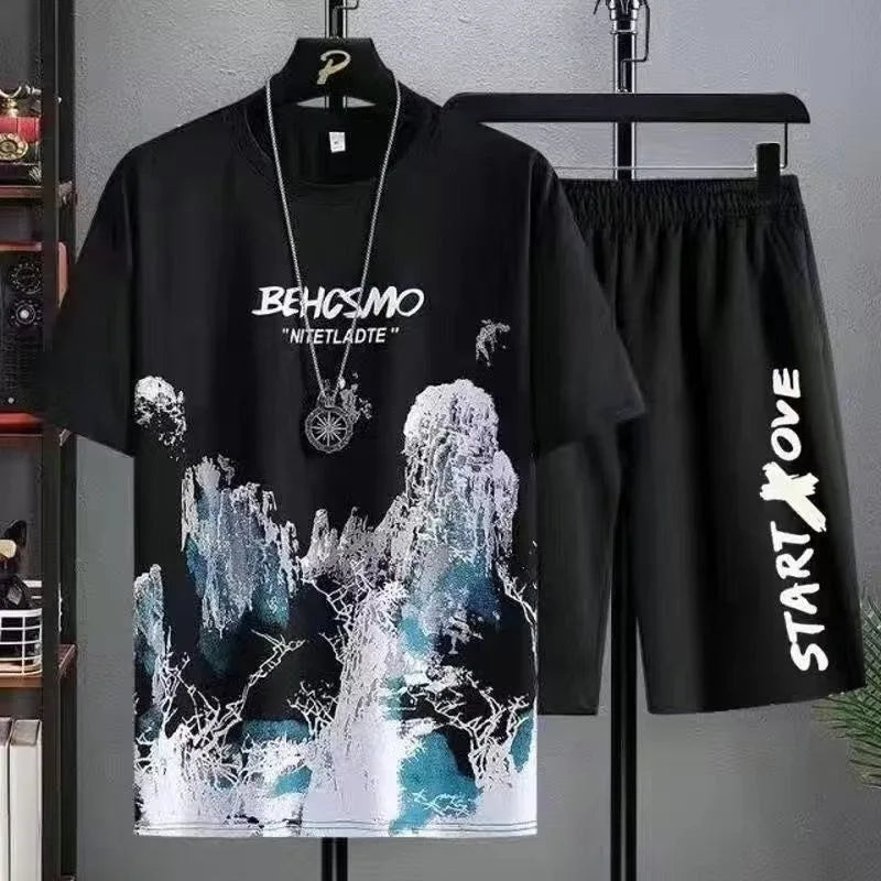Summer leisure Men set Manga Graffiti Tees T-shirt + shorts 2-piece Comfortable and breathable for men Top Print T-shirts sets