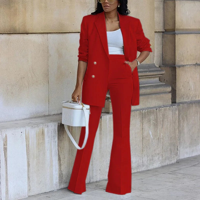 Elegant Women's Double Breasted Long Sleeve Blazers with Pocket and Flare Pants Suit Matching 2 Piece Set Outfits