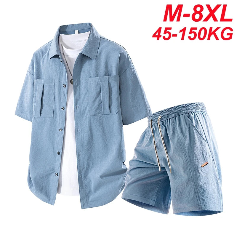 Summer Suits Men Plus Size Chest Pockets Sets Shirts Shorts Fashion Casual Polyester Tracksuit Male Clothes Big Size