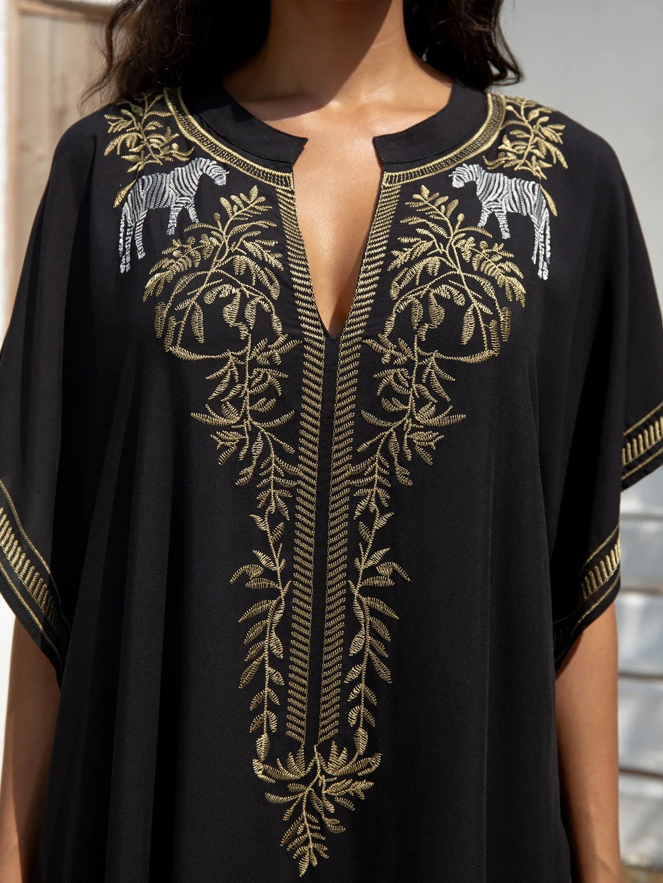 Embroidery Black Women Cover-ups  Loose Fitting Long Robe Beach Vacation V-neck Sunscreen Clothing Kaftan