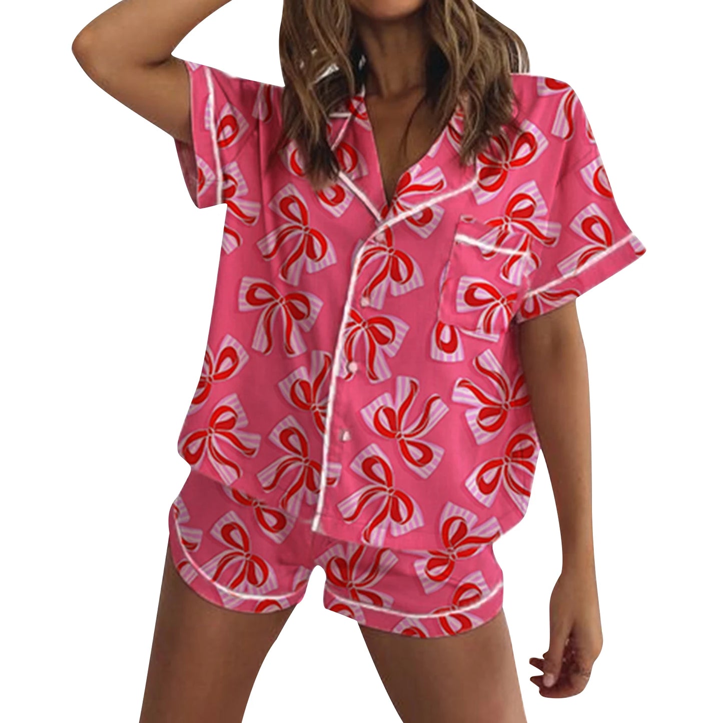 Valentine s Day Silk Pajamas Set with Lace Trim Short Sleeve Heart Floral Print Shirt and Shorts