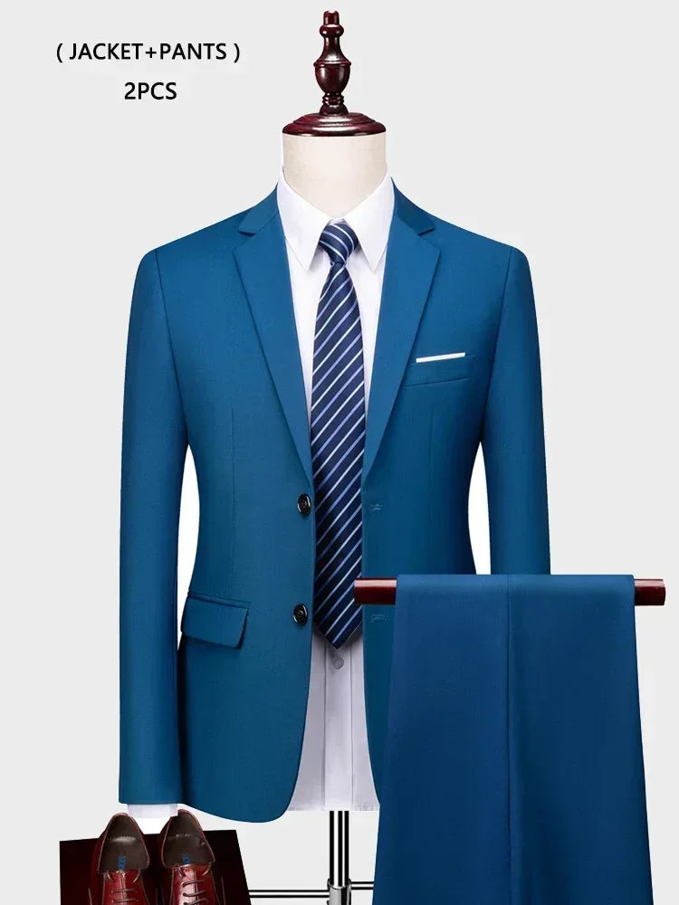 ( Jacket +Vest+ Pants ) Luxury Men's High-end Brand Solid Color Business Office Suit 3Pcs & 2Pcs Groom Wedding Party Suit Tuxedo