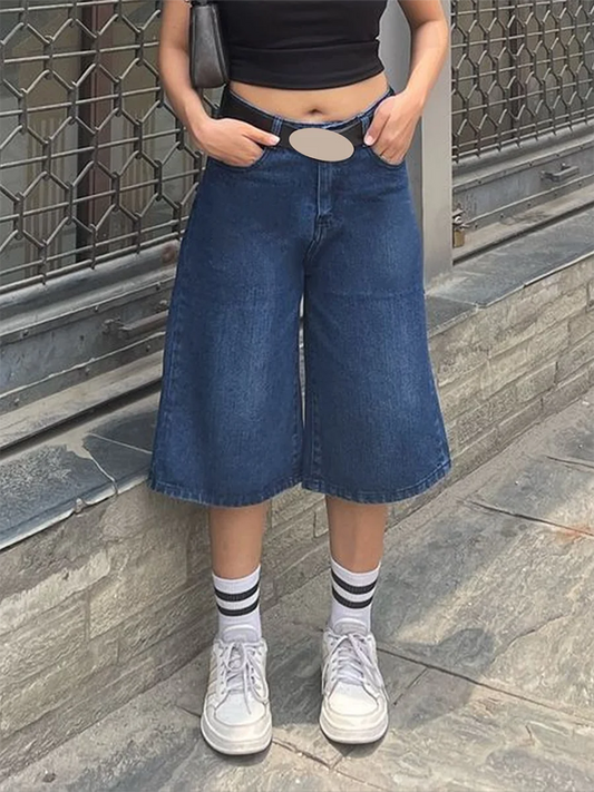 High-Waisted Distressed Denim Shorts Vintage Washed Jean Shorts Casual Loose Fit Knee-Length Summer Shorts for Women Street