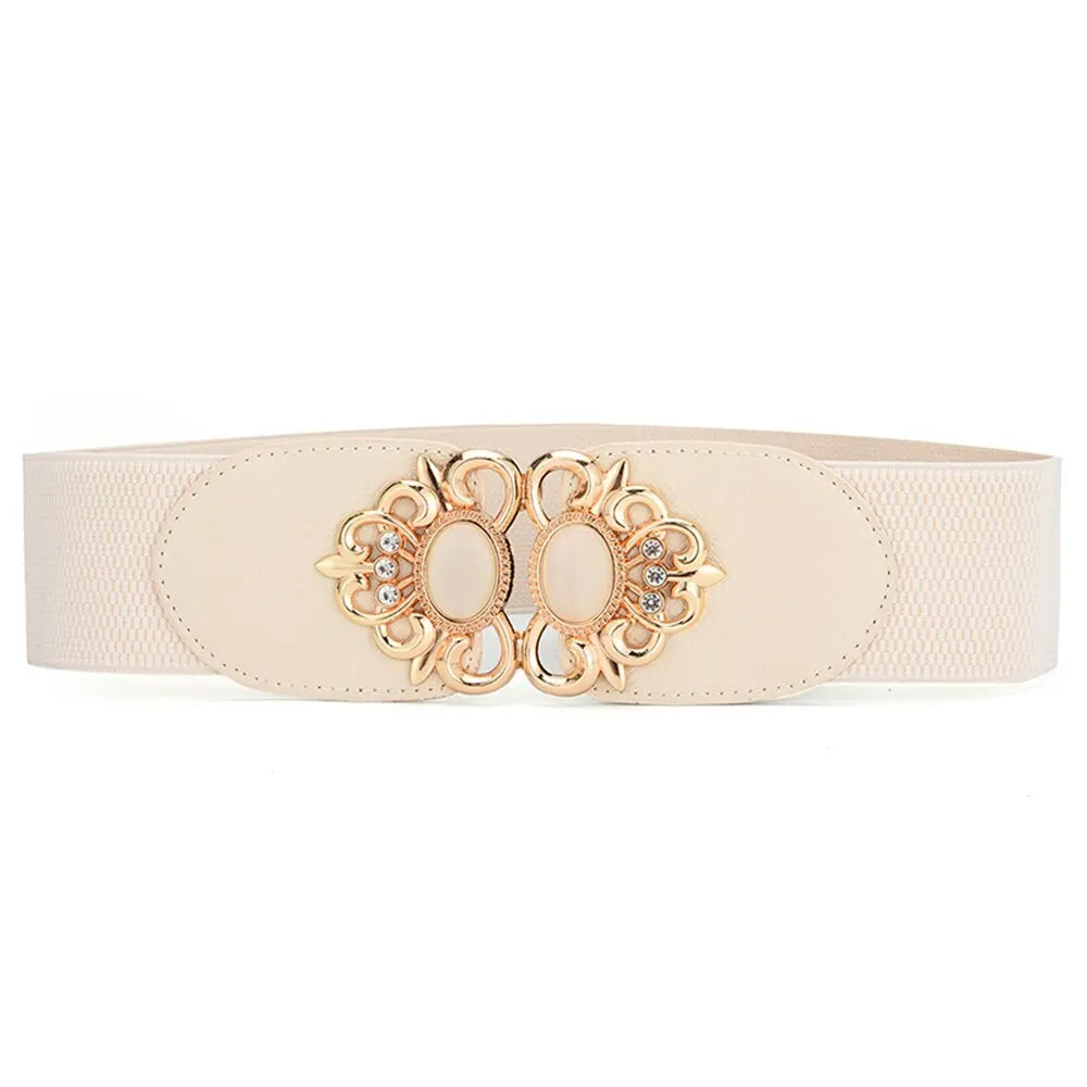 Women's Fashionable Golden Imitation Gemstone Shape Elastic Waist Closure With Double Hook Buckle Wide Belt