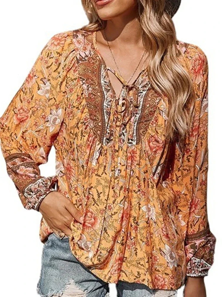 Vintage Lantern Sleeve  Bohemian Print Blouse