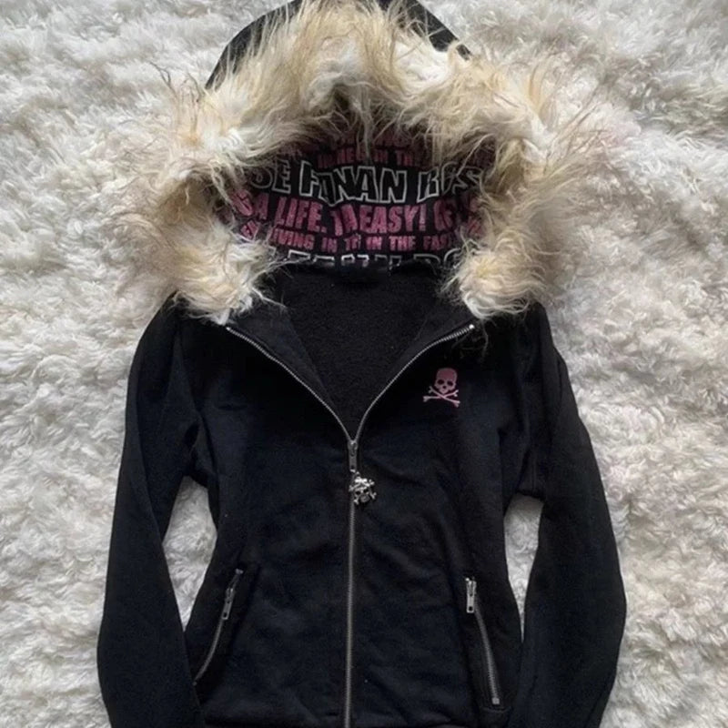 Designed fur collar long-sleeved hooded sweatshirt jacket  retro casual loose cardigan