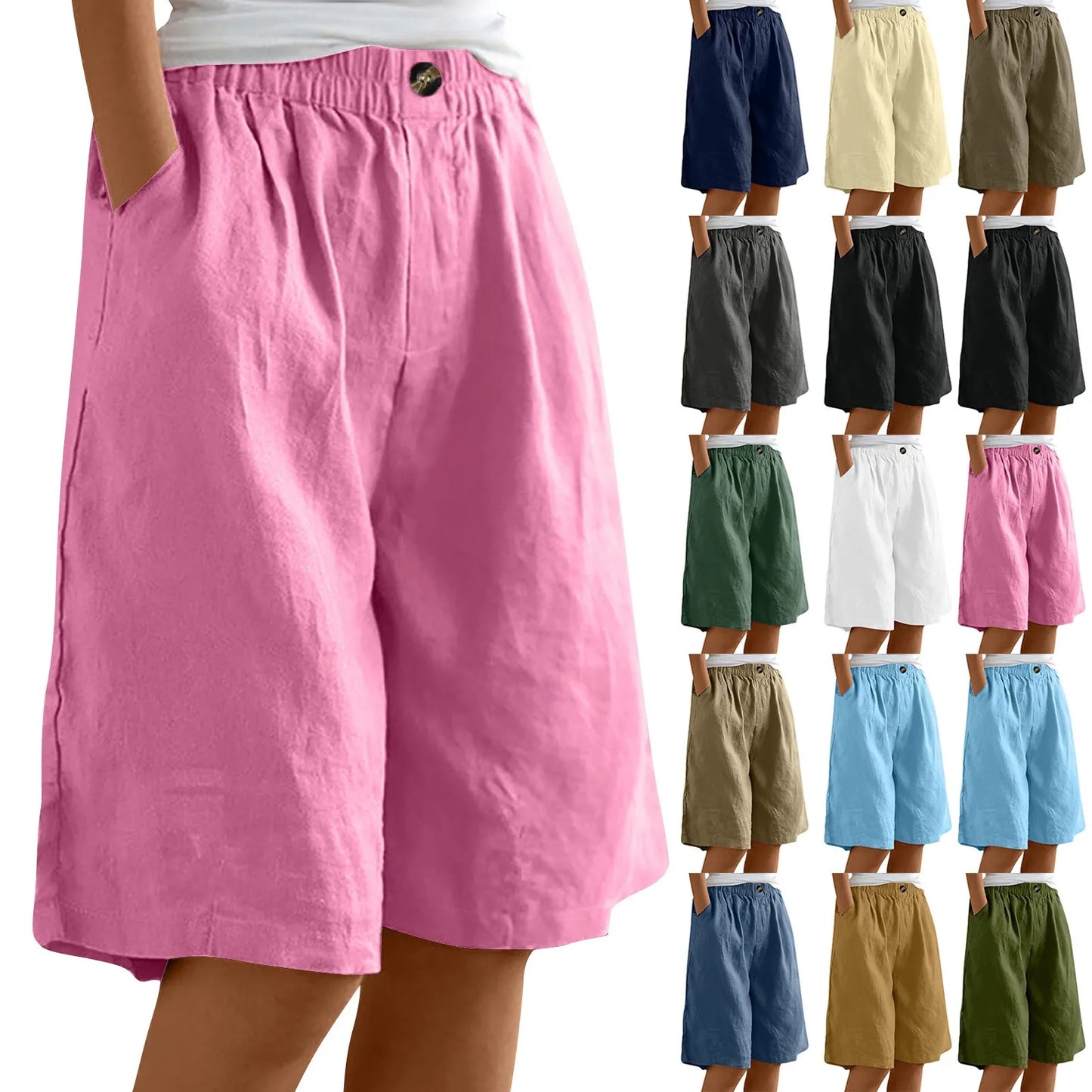 Women's Fashion Solid Color Shorts Pocket Button Up Capris Loose Elastic Waist Cotton Linen Shorts