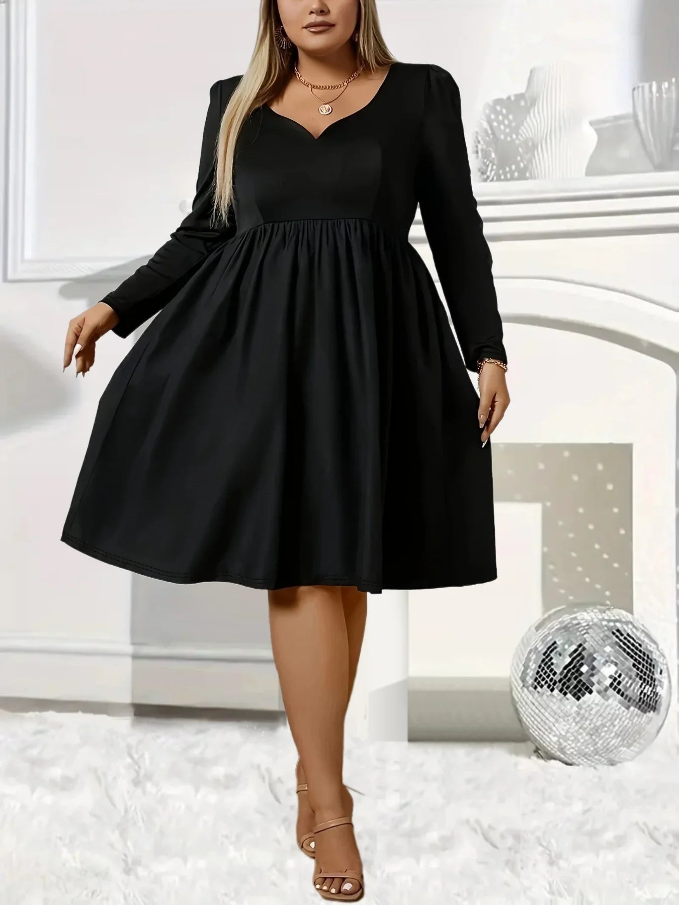 V Neck Long Sleeved Casual Elegant Neckline Notched  Dress