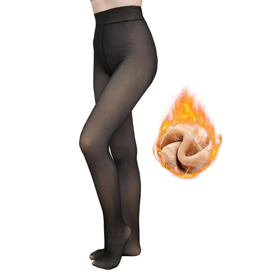 Warm Fleece Lined Women's Tights - Thick Sheer Pantyhose Leggings for winter, outdoor Thermal Hosiery (-L)