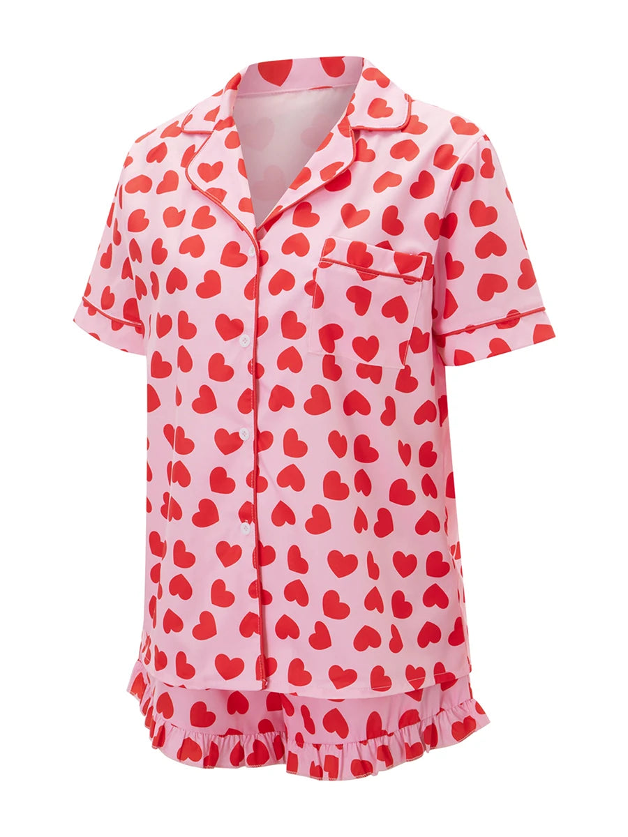 Valentine s Day Pajama Set with Heart Print Short Sleeve Top and Drawstring Shorts  Loungewear Set
