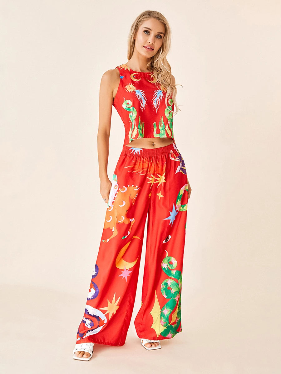 Women s Retro Style Crop Top and High Waisted Wide Leg Pants Set with Abstract Print Sleeveless Tank Top and Loose Fit