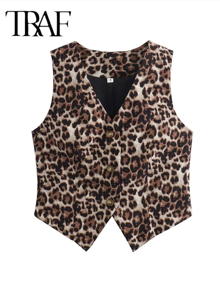 Women's Vest  Leopard Summer V-Neck Single-breasted Vest Top Ladies Casual Cropped Sleeveless
