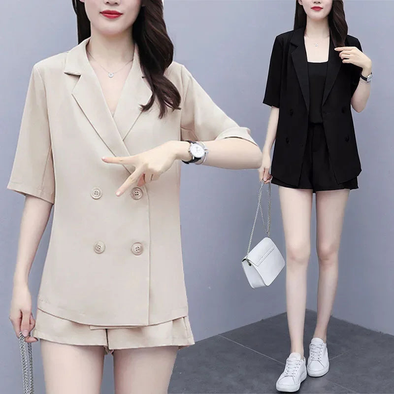 Plus Size Women's Fashionable Summer Set Cover Belly Shorts And Blouse Three Piece Set Stylish plus Size Clothing Ensemble