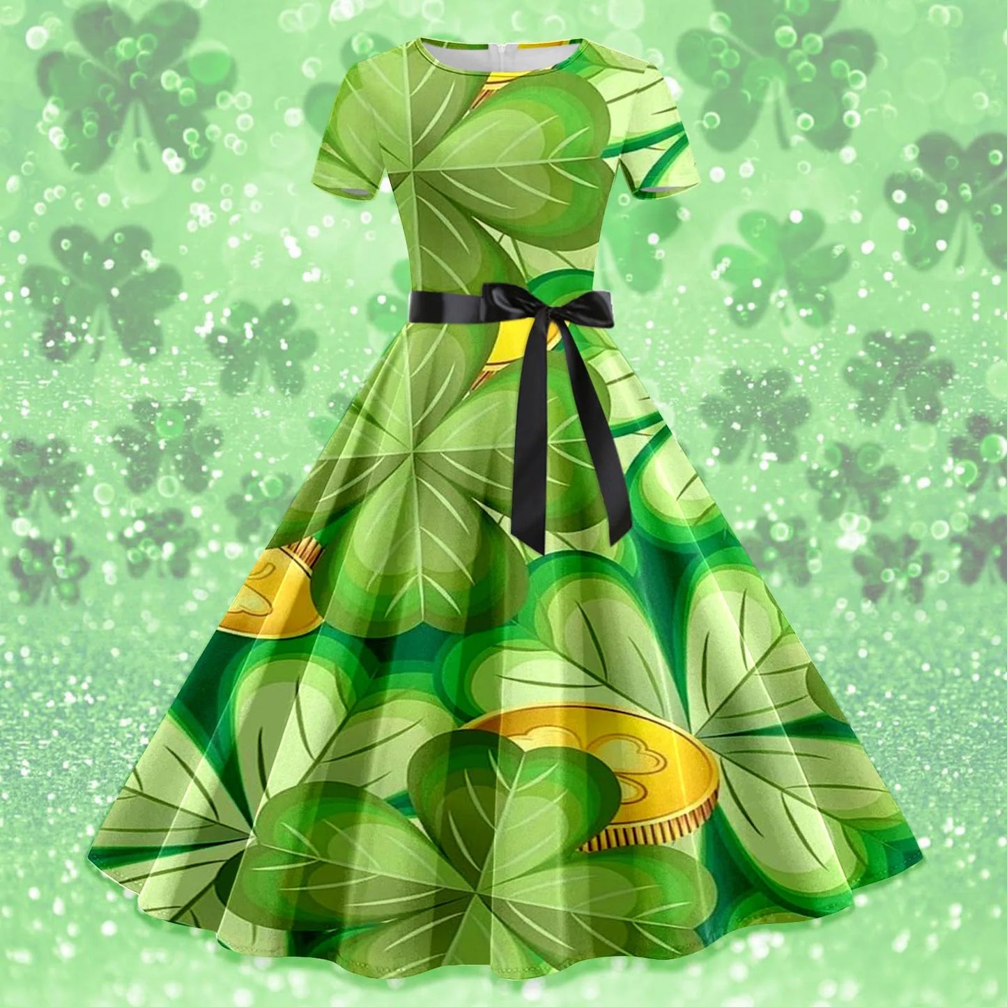 Shamrock Print Women St. Patrick's Day Dress Large Swing Short Sleeve A Line  Dress
