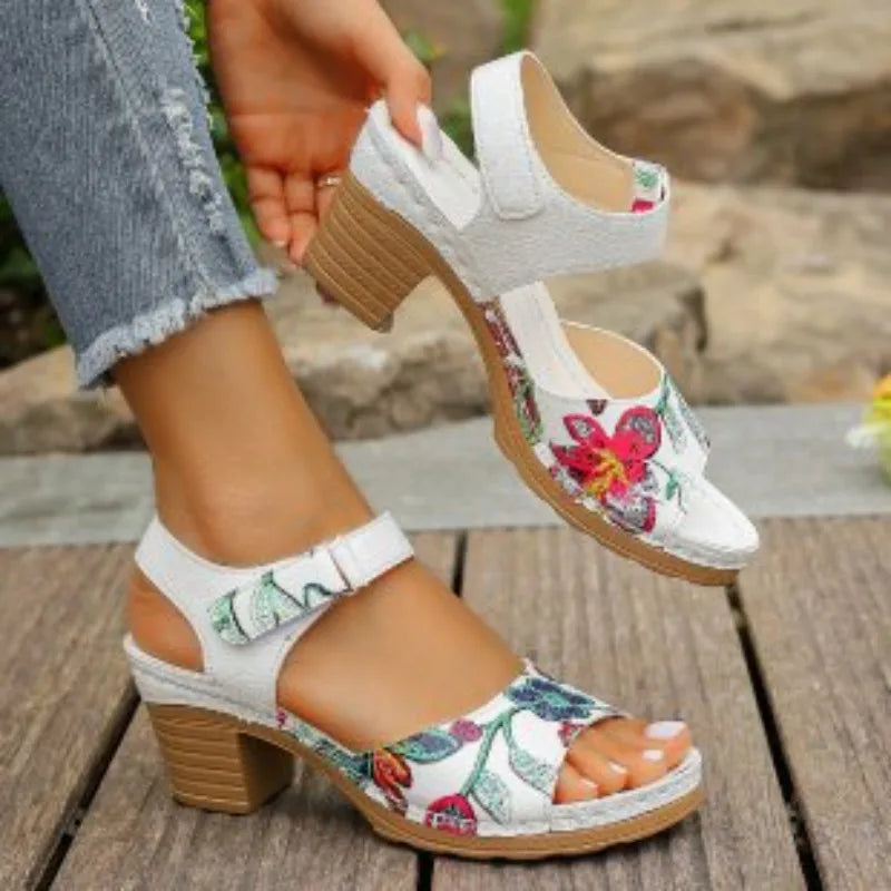 Women's Peep Toe High Heel Sandals Summer Gladiator Shoes Chunky Heel Platform Women's Sandals Flower Ladies Heeled Shoes