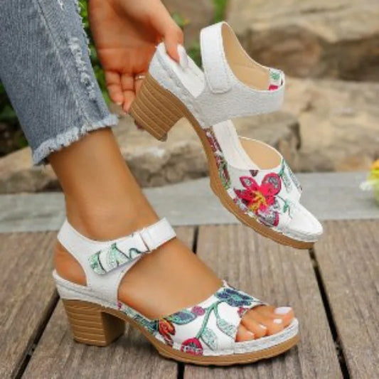 Women's Peep Toe High Heel Sandals Summer Gladiator Shoes Chunky Heel Platform Women's Sandals Flower Ladies Heeled Shoes
