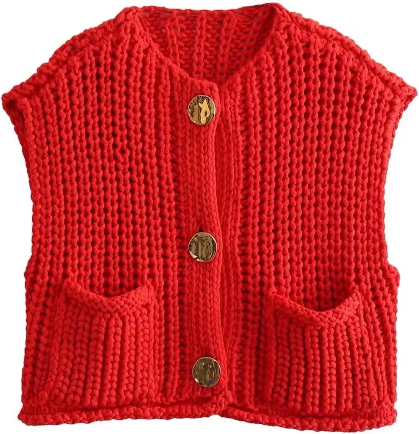 Crochet Chunky Knit Top Sleeveless Button Down Crop Tops Trendy Cardigan Sweater Vest for Women with Pockets