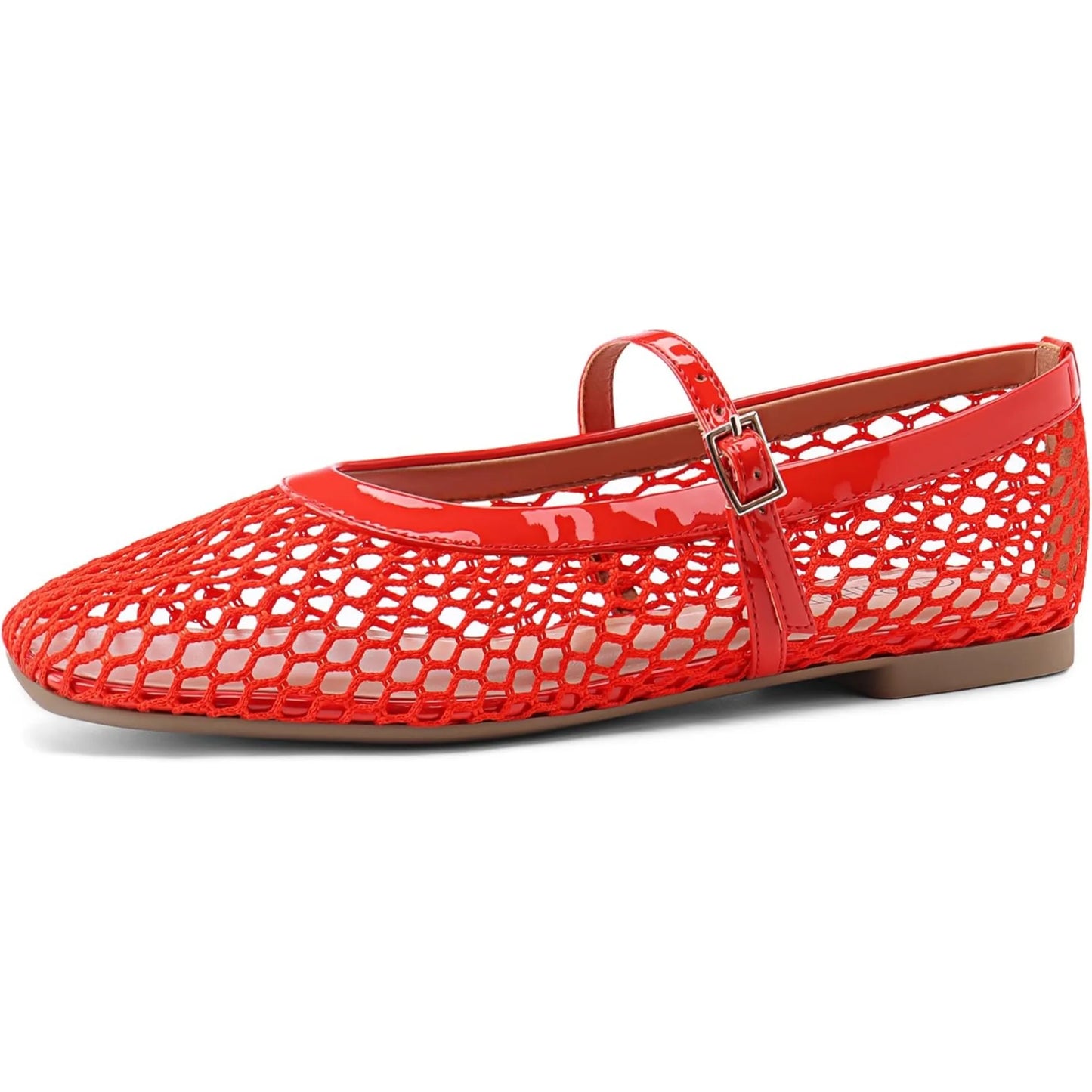 Mesh Ballet Flats for Women Comfortable Square Toe Ballerina Flats Buckle Strap Casual Fishnet Flat Shoes