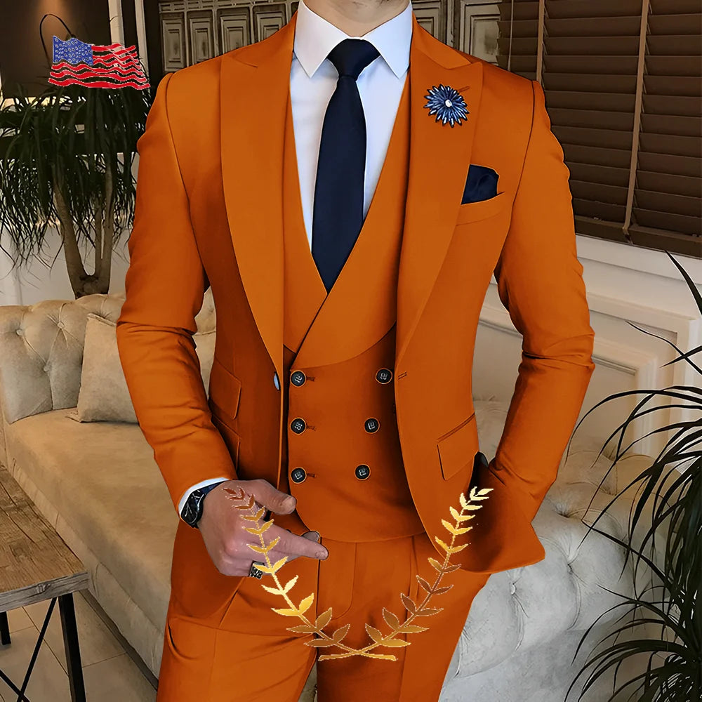 Men's Suit Jacket Pants Vest 3-piece Set Slim Fit Handsome Men Blazer for Party