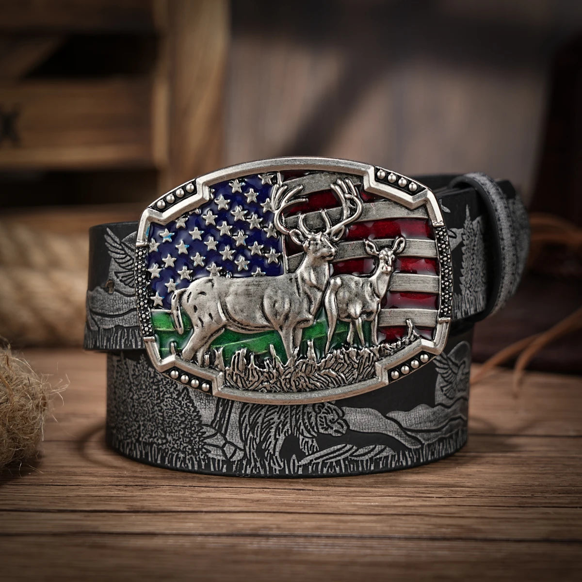 Western Cowboy PU Leather Belt  Waist Strap Buck and Flag Decoration Hunting Scene Engraved for Jeans
