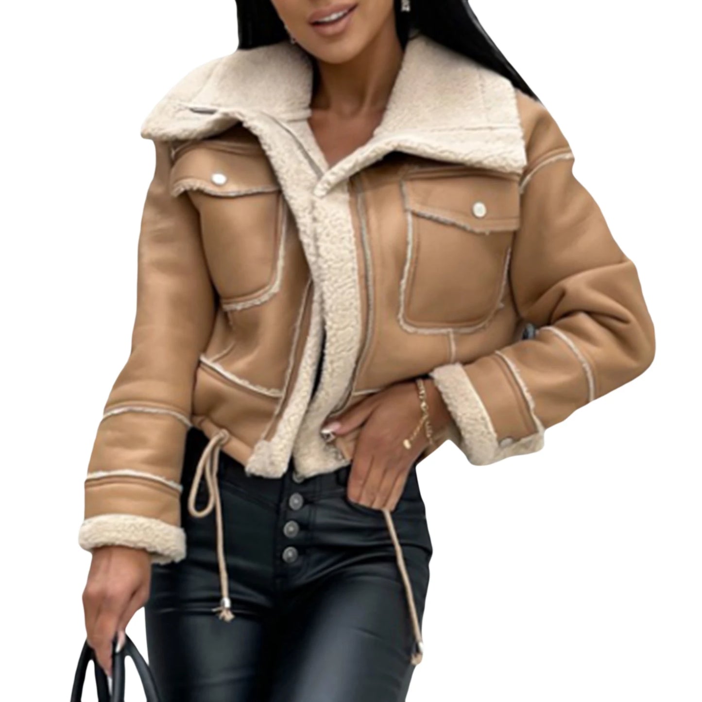 Winter Jacket, Long Sleeve Zipper Closure Patchwork Warm Outwear with Pockets