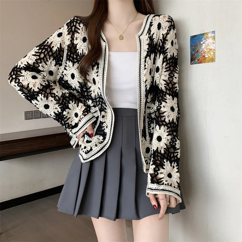 Daisy Crochet Cardigan for Women Openwork Long Sleeve Open Front Knitted Jacket Vintage Festival Outfit