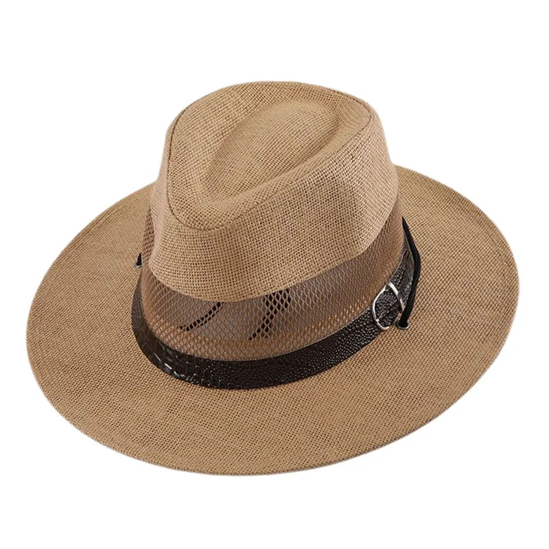 Stylish Unisex Straw Fedora Hat with Hollow Out Design and Black Belt Detail for Summer Beach Vacation or Outdoor Activities