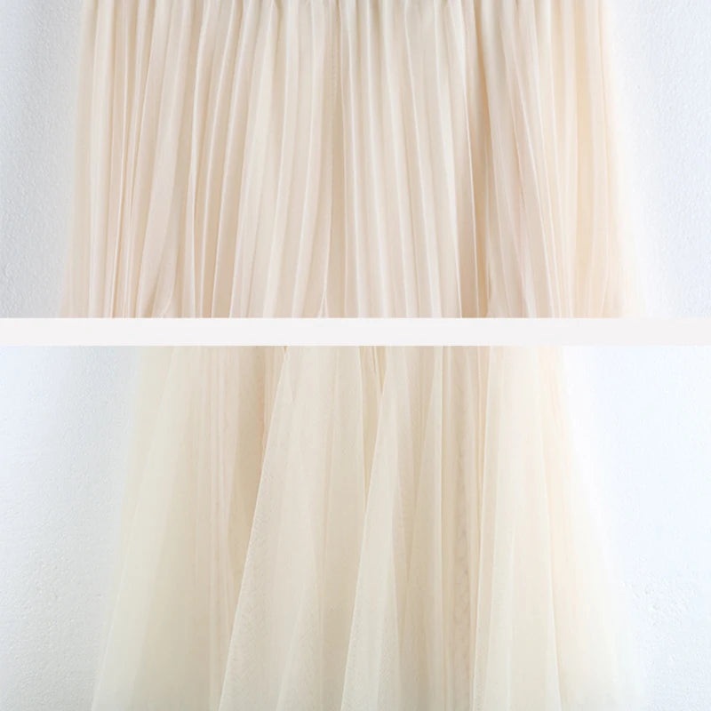 Irregular Stitching Mesh Large Swing Pleated  High Waist Mid Length Puffy Skirt