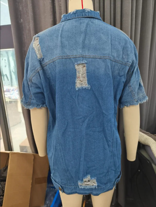 Summer Style Personalized Distressed Hole Long Retro Short Sleeved Jacket Denim Jacket