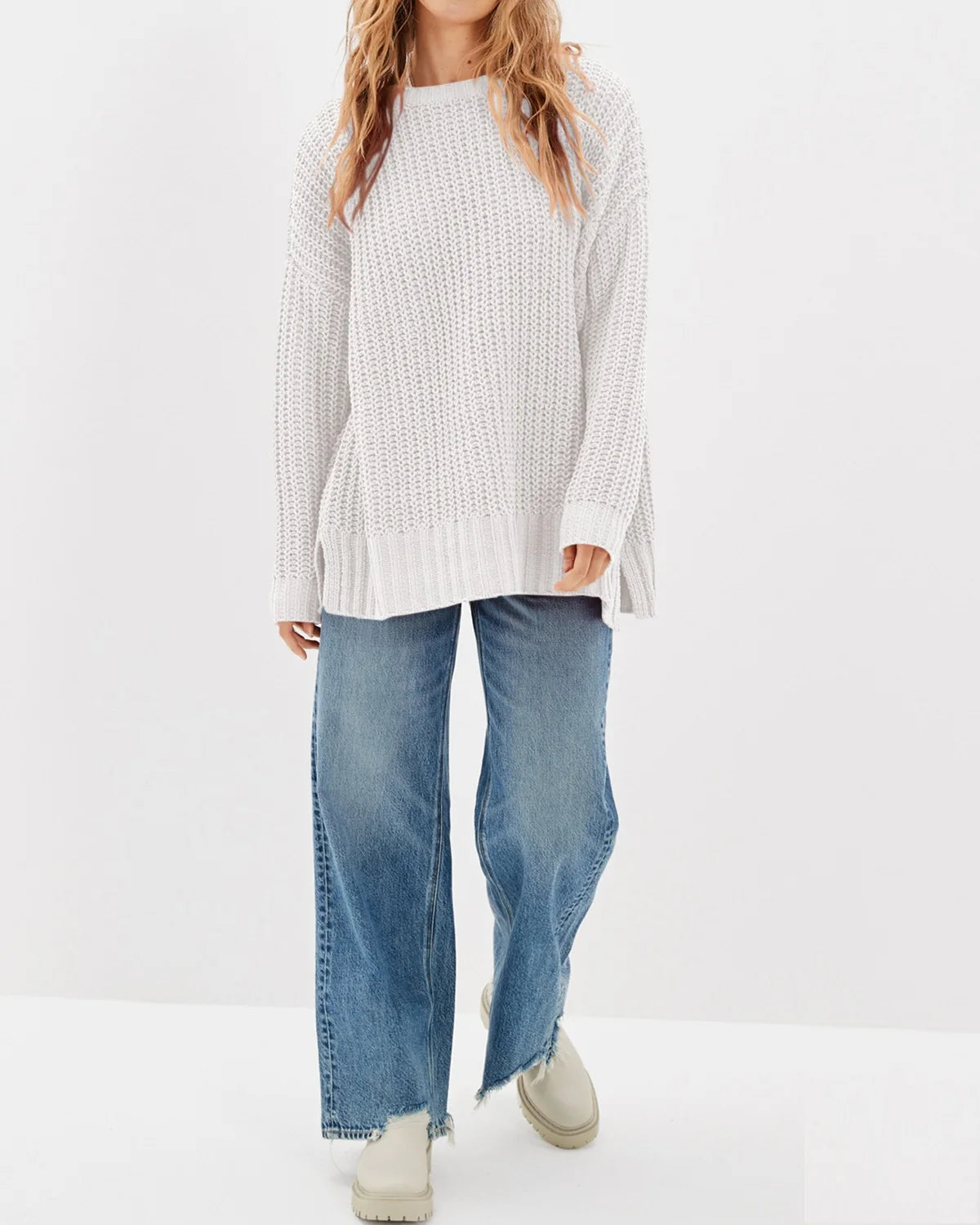 Womens Solid Knit Sweaters Oversized Crew Neck Long Sleeve Slouchy Ribbed Knitwear