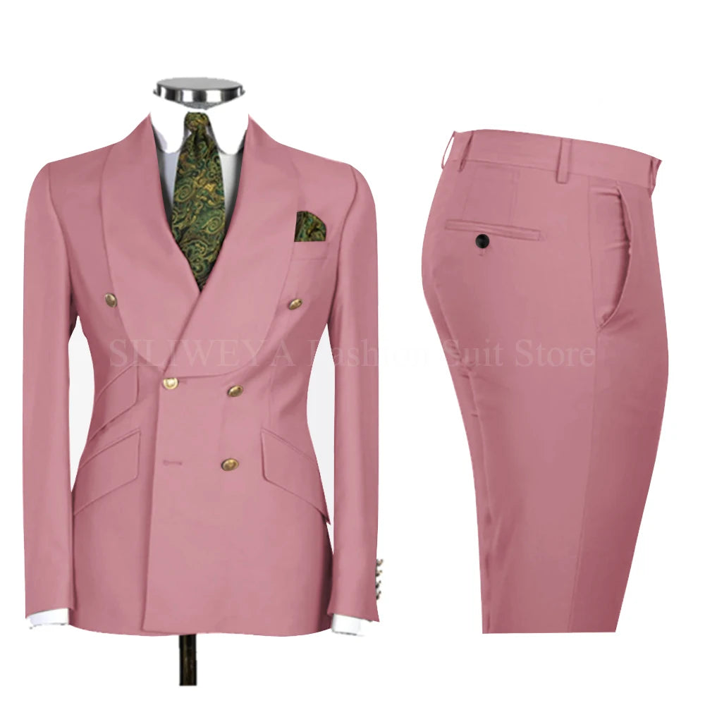 Gold Men Business Casual Men's Suits Jacket Pants Set Male Blazer Coat Pants 2PCS Slim Fit Suits