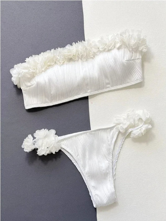 Lace Ruffle Swimsuit Women  Strapless Backless Bikini Set White High Waist Swimwear