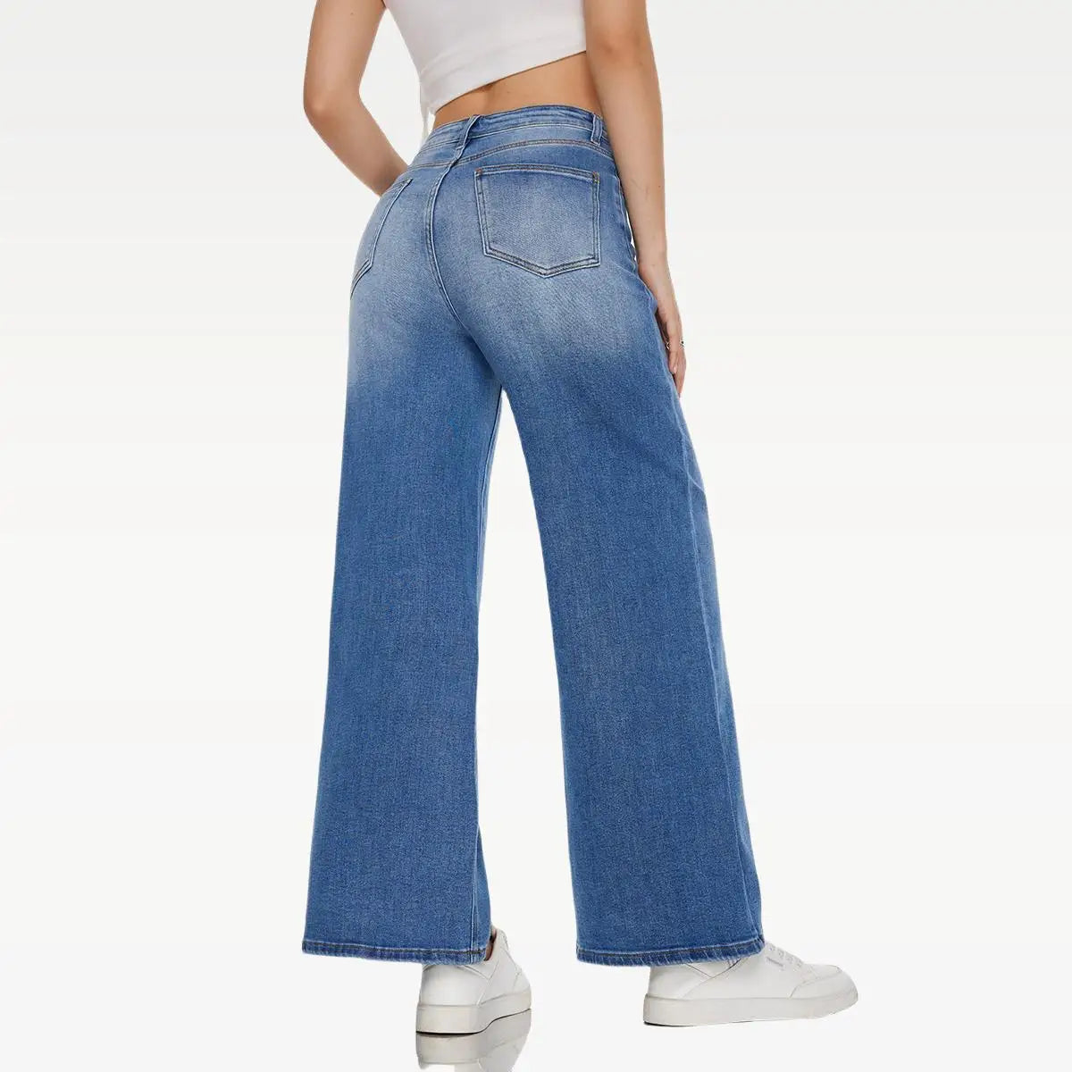 Women Wide Leg High-waisted Stretchy Jeans Baggy Pants Medium Blue  Streetwear