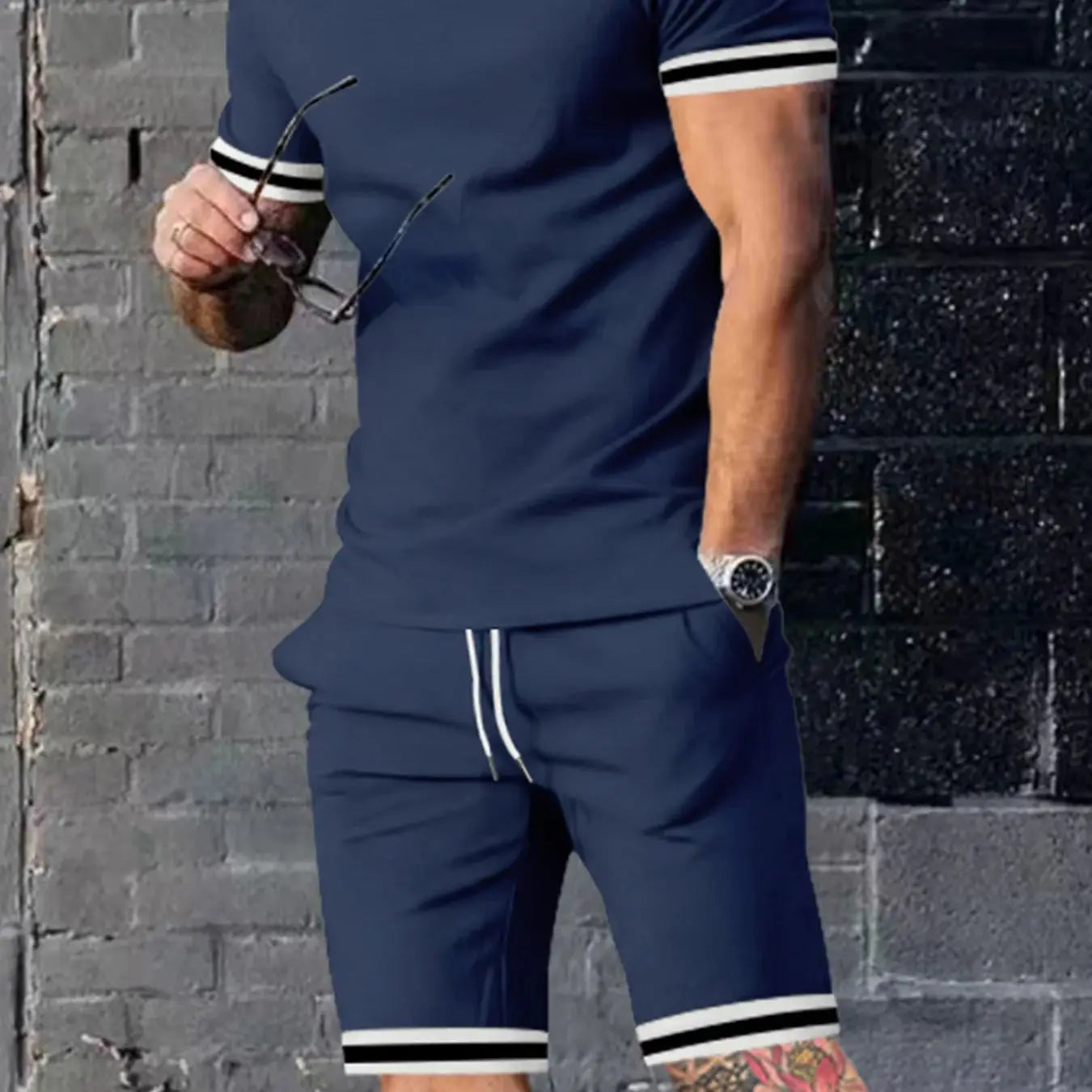 EUROPEAN AND AMERICAN MEN'S SUMMER MEN'S LOOSE SET SHORT SLEEVED SHORTS SPORTS CASUAL ROUND NECK TWO-PIECE SET MEN'S